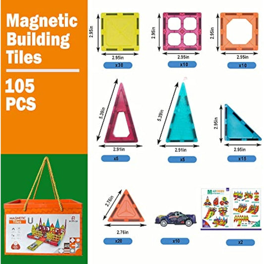 Magnetic Tiles Building Block with 10 Metal Cars for Kids Construction STEM Toy Preschool Creativity Learning Toys Christmas Birthday Gift for Girls Boys Toddlers 3 4 5 6 7 8 Years Old