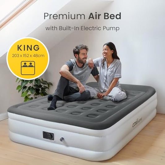 Cosi Home Premium King Size Air Bed with Built in Pump, Blow Up Mattress with Flocked Top, Integrated Pillow & Storage Bag. Best inflatable bed for Guests, Camping & Home Use. 203 x 152 x 48cm, White