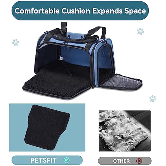 Petsfit Cat Carrier Large Up to 12KG, Cat Carrier for 2 Cats with Extendable Fleece Mat,Small Dog Travel Bag Carrier with Safety Leash for Puppy for Car Use, Blue,50 * 33 * 33CM