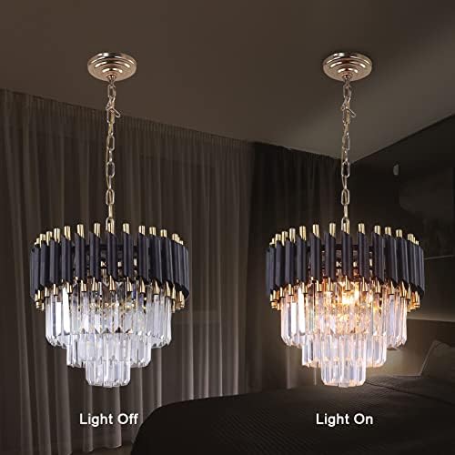 FRIXCHUR Modern Crystal Chandeliers 3-Tier Crystal Chandelier Light 15.7'' Black and Gold Pendant Light Fixtures for Living Room Kitchen Island Foyer E14x5 Bulb(Not Includ Bulb)…