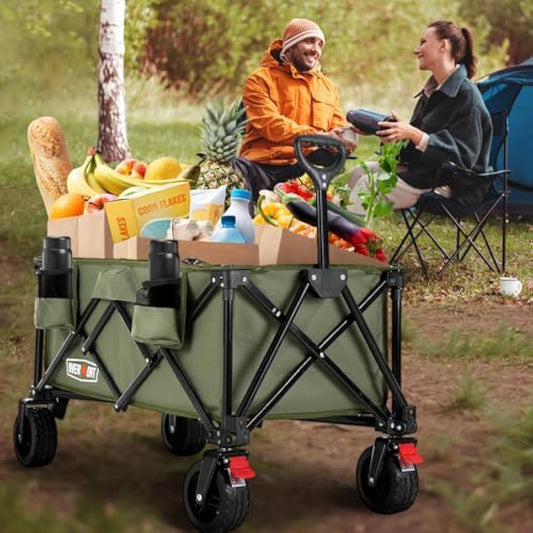 Overmont 150kg Festival Camping Trolley on Wheels - Heavy Duty Folding Beach Wagon Cart with Extra Wide Wheels, Adjustable Handle, Portable for Outdoor, Garden, Shopping, Fishing - Green
