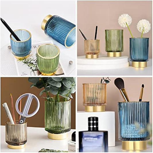 DASITON Makeup Brush Holder Organiser, Crystal Cosmetic Make Up Brush Holder, Glass Makeup Brushes Storage Organiser, Vintage Make Up Cup Pen Pencil Holder Striped Vase (Blue S+L)