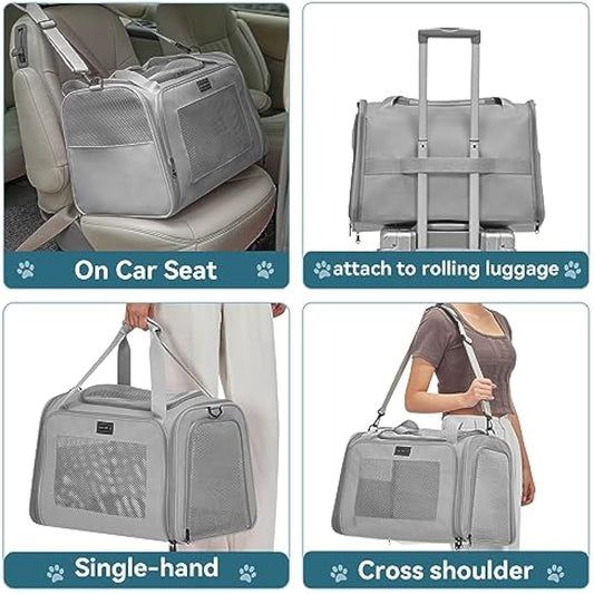 Petsfit Cat Carrier Large Up to 12KG,Pet Carrier with Extendable Fleece Mat,Dog Travel Bag Carrier with Safety Leash for Puppy for Car Use,50 * 33 * 33CM, Grey