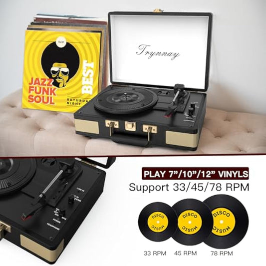 Trynnay Record Player 3 Speed Bluetooth Portable Suitcase Vinyl Player with Built-in Speakers Turntable Enhanced Audio Sound Waxed Leather Vintage Black