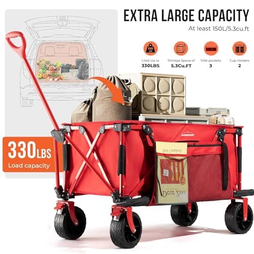 Overmont 150kg Festival Camping Trolley on Wheels - Heavy Duty Folding Beach Wagon Cart with Extra Wide Wheels, Adjustable Handle, Portable for