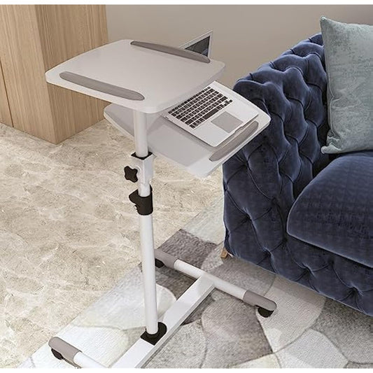 Properav Mobile Desk Workstation & Projector Trolley - White | Moveable On Caster Wheels | Adjustable Height 850-1100mm | 10kg Capacity | For Laptop, Projector, Consoles & More