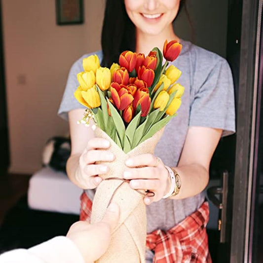 SnailGarden 36 Pcs Faux Tulips 13.8" Artificial Tulips Flowers with 2 Colors,Silk Tulips Flowers with 1 Pcs Greeting Card for Bridal Wedding Home Party Festival Flower Arrangements Decor(Red/Yellow)