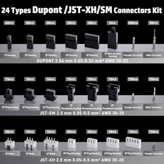 PEBA Crimping Tool Connector Kit, 24 Types Dupont 2.54mm/JST-XH/JST-SM Connectors, Ratcheting Crimper Tool 0.03-0.5mm² for JST(XH/SM/PH/SYP), Dupont, Molex, AMP EI, etc, with Wire Strippers