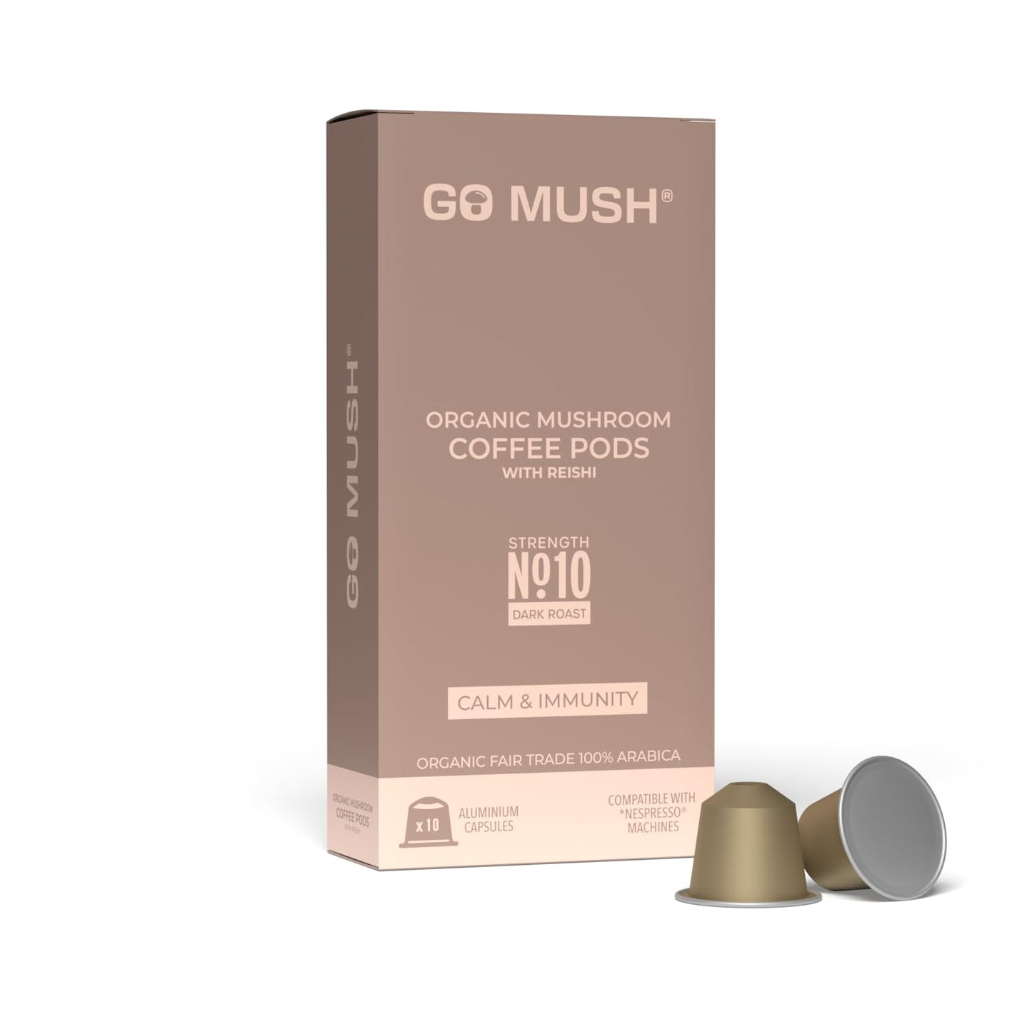 Go Mush Organic Reishi Mushroom Coffee Pods ? Dark Roast Arabica ? Nespresso Compatible Aluminium Capsules ? 10 Pods