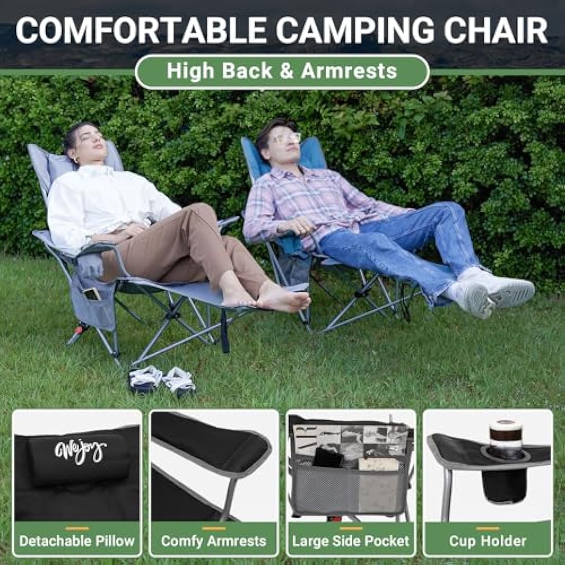 #WEJOY Camping Chairs Folding Recliner Chair Adjustable with Detachable Footrest Headrest Cup Holder Lightweight Portable Padded Reclining Camp Chair Fold Up Chair for Beach Garden,Black Set of 2