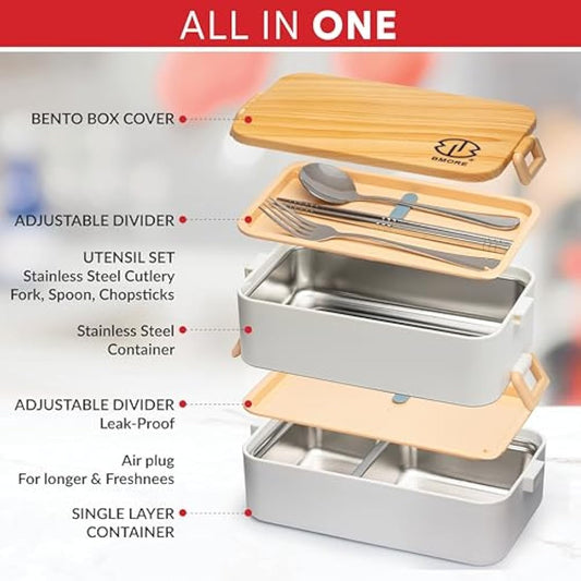 BMORE® Lunch Box,1000ml Bento Box with Stainless Steel Cutlery & Chopsticks. Stackable 2 Layer Food Container for Adults, Kids. Microwave & Dishwasher Safe (Stainless Steel Liners Included) UK Company