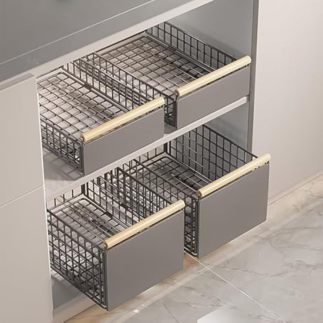 Pull Out Cabinet Organiser, pull out kitchen storage Foldable, 23.5*19.5*39.5~56.5cm, Kitchen Cupboard Organiser with Handle, No Drill Adjustable Drawers, Slide Out Drawers for Kitchen Cabinets, White