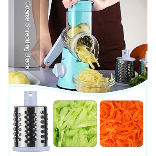 Ourokhome Rotary Cheese Grater Chopper - Vegetable Mandoline Slicer with 3 Interchangeable Ultra Sharp Cylinders Stainless Steel Blades(Blue)