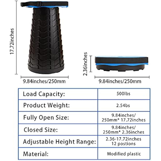 FIEMACH Upgraded Portable Telescopic Stool with Larger Seat - Retractable Square Camping Folding Stool for Adults, Telescoping Collapsible Lightweight Compact Stool (Blue)