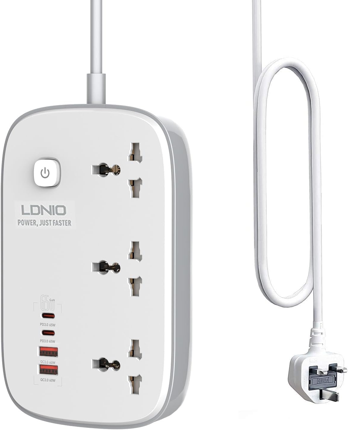 3 Way Extension Lead USB Type C Fast PD 65W GaN Power Strip Desktop Charger Extender with Surge Protector Switch, 6ft 2m Cable 3-gang UK EU US Flat