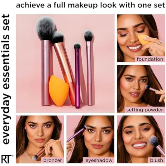 REAL TECHNIQUES,5 Count (Pack of 1) Everyday Essentials Makeup Brush Complete Face Set (Miracle Complexion Sponge, Expert Face, Blush, Setting and Deluxe Crease Brushes)