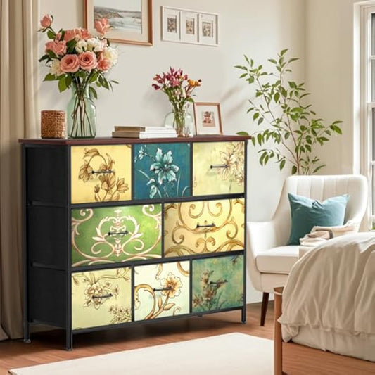 Chest of Drawers Bedroom Furniture with 8 Drawers - Fabric Dresser with Wood Top - Fabric Storage Organizer Unit for Living Room, Bedroom, Closet Easy to Assemble