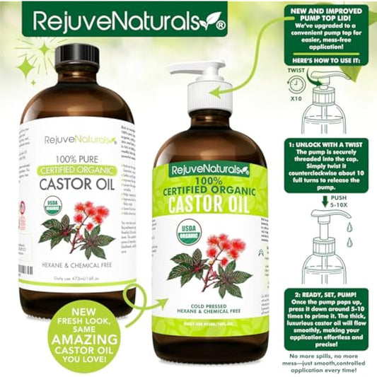 Castor Oil (16oz Glass Bottle) USDA Certified Organic 100% Pure Cold Pressed Hexane Free by RejuveNaturals. Boost Hair Growth for Eyelashes Eyebrows & Hair. Natural Dry Skin Moisturizer