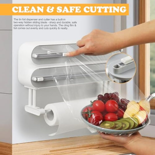 Magnetic Cling Film Dispenser and Cutter - Advanced 3-in-1 Wall-Mounted Kitchen Roll Holder, Quasziwa Refillable Cling Wrap & Aluminium Foil Dispenser with Paper Towel Holder - Fits 12" Roll, White