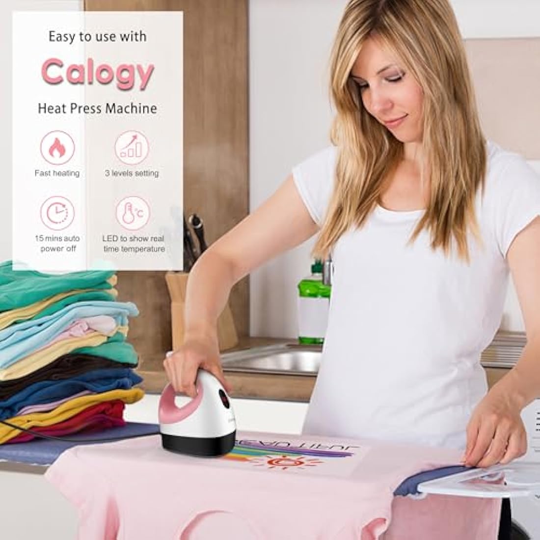 Calogy Mini Heat Press, Heat Transfer Printer, Constant Temp Control, Insulated Safety Base, Fits for Crafts, T-Shirt, Hat, Cap, Pillows