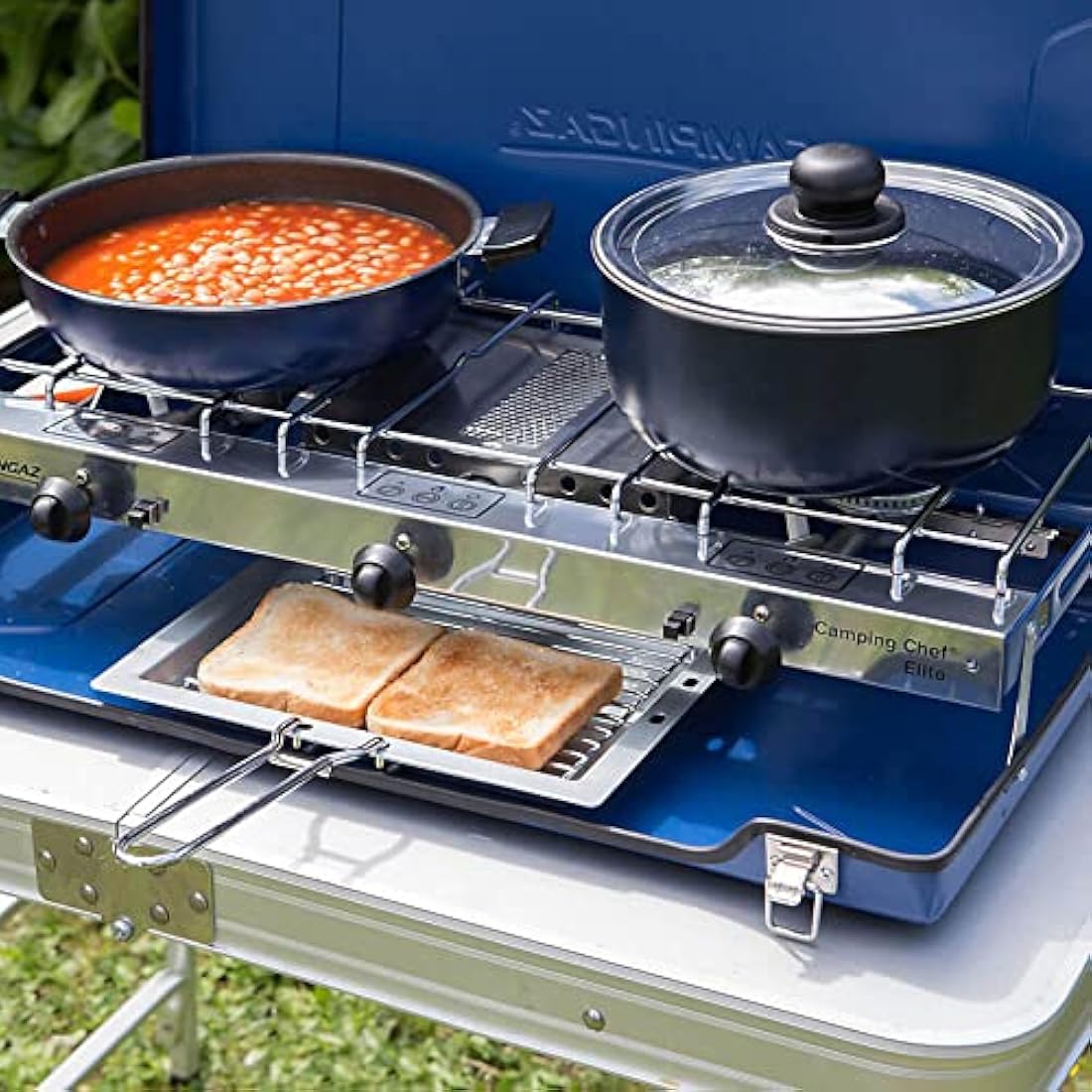 Campingaz Chef Folding Double Burner Stove and Grill, compact gas cooker for camping or festivals, Blue