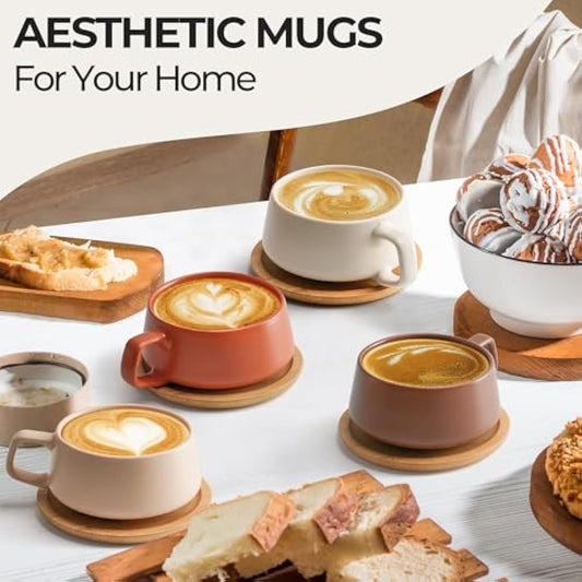MIAMIO β 320 ml, Set of 4 Ceramic Tea Cup and Saucer Bamboo/Tea Mug - Wide Cappuccino Cup, Coffee Cups Ceramic Mug for Cappuccino, Latte, Espresso & Americano - Luxe Collection (Beige Pastel)