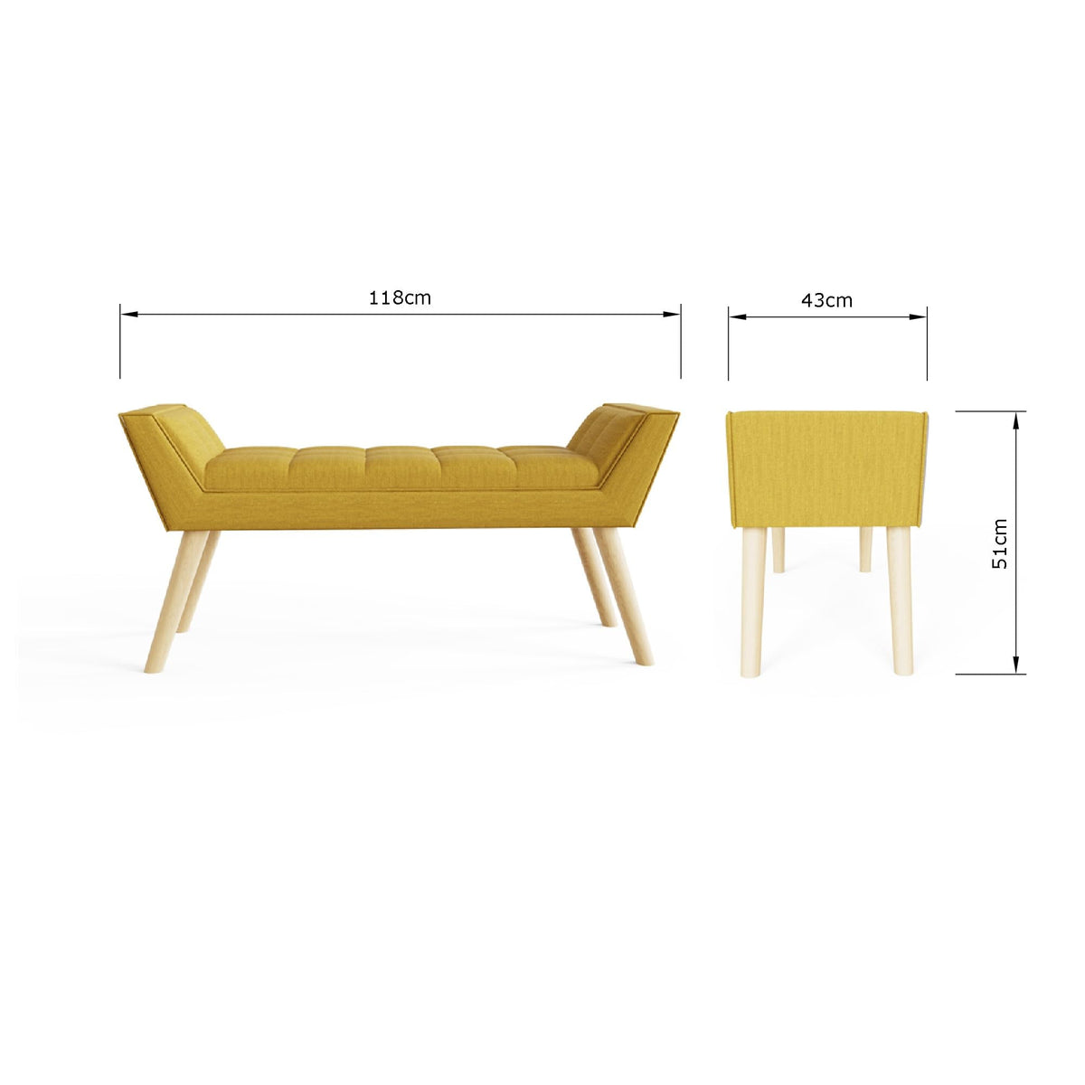 GFW Milan Upholstered Bench, Mustard Bench with Solid Wood Legs, Scandi Style Bedroom, Hallway and Window Seat