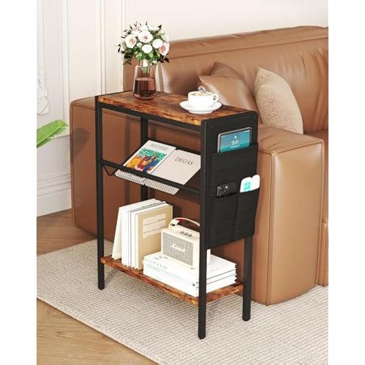 Yusong Small Narrow Side Table for Small Spaces, Slim End Table with Storage Bag, Sofa Snack Table with Adjustable Metal Mesh, 3 Tier Accent Skinny Beside Table for Living Room & Bedroom, Rustic Brown