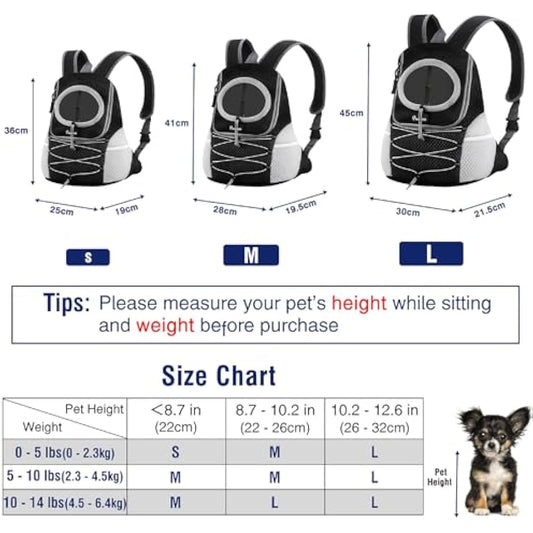Pawaboo Pet Dog Carrier Backpack, Puppy Dog Travel Carrier Front Pack for Small Medium Dogs Cats, Adjustable Breathable Dog Carrying Backpack with Safety Strips for Hiking Travel Outdoors, Black M