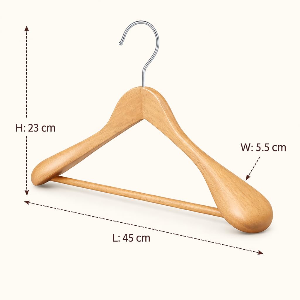 MELA'S Wooden Wide Clothes Hanger, Natural Wood, Pack of 12, Non-Slip, for Stable Jacket, Suit, Shirts, Extra Wide Shoulders, Trouser Bars