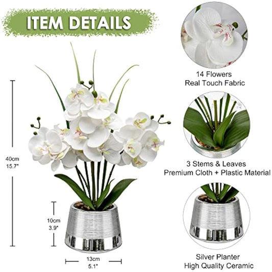 Oairse 40cm Artificial Orchid Flowers White Artificial Flower in Silver Ceramic Pots Real Touch Silk Phalaenopsis with 14 Flowers Fake Orchids Plant for Home Kitchen Bathroom Table Centerpiece Decor