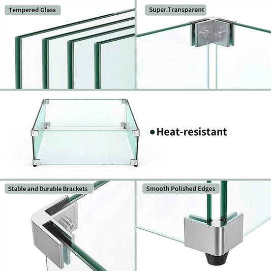 MESIDA 19.5"x19.5"x6" Fire Pit Glass Wind Guard, Tempered Glass Firepit Table Shield, Thick and Sturdy, with Hard Aluminum Corner Bracket & Rubber