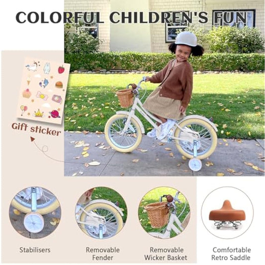 Glerc Little Molly 14 Inch Kids Retro Girls Bike for 2-13 Year Old with Wicker Basket & Stabilisers/Kickstand, Multiple Colors