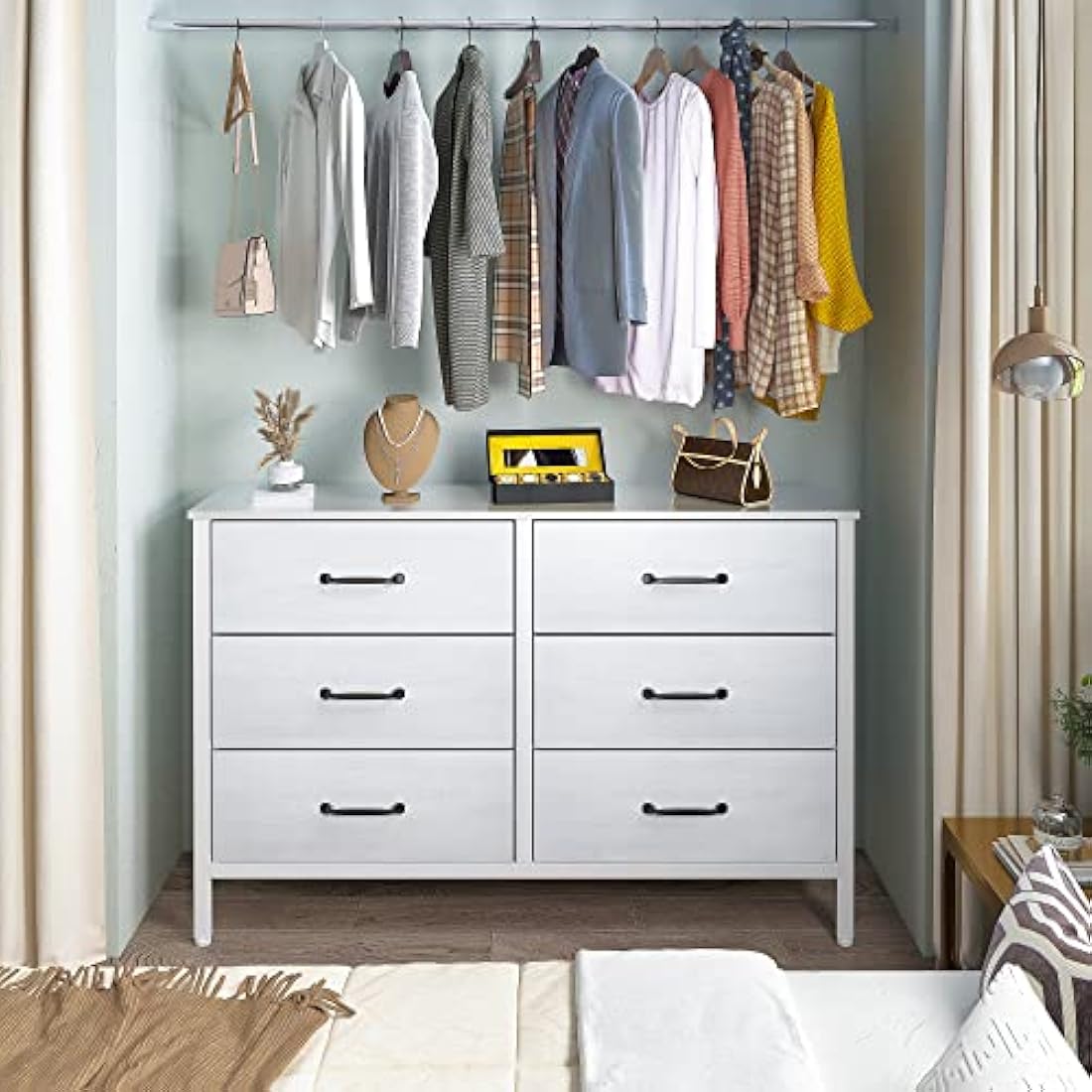 LYNCOHOME Chest of Drawers, TV Unit with 6 Drawers, TV Stand Cabinet with Deep and Large Drawers for Living Room,Bedroom, Sitting Room, White,30D x 110W x 82.5H
