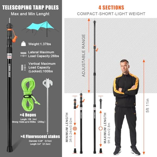 CAMULAND Heavy Duty Tent Poles Set of 2, 34.5” - 110.2” Aluminum Tent Poles for Adjustable, Portable Replacement Telescoping Tent Poles for Camping, Hammock and Awning-4 Section