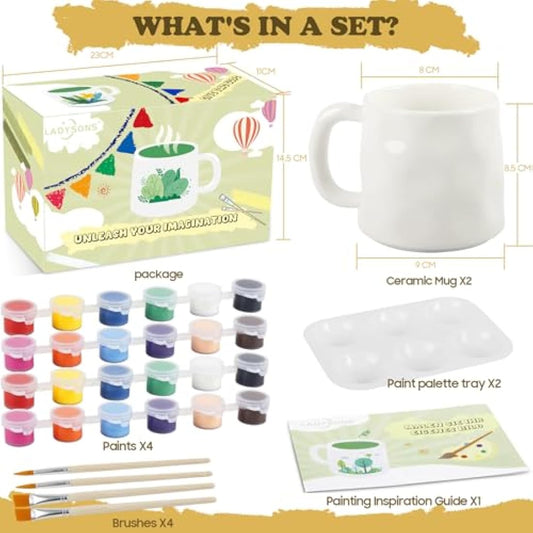 Paint Your Own Mug Set, Pottery Painting Kit for Adults, Art and Crafts Kit Includes Mugs, Brushes, Paints and Painting Inspiration Guide, Personalised Gift for All(2 Pack)
