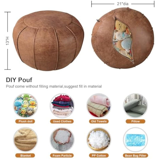 Unstuffed Round Pouffe, Supersoft Handmade Faux Decor Pouf Ottoman Cover, Storage Solution, Foot Rest, Footstool, Pouffe Seat or Balcony Office Indoor(Cognac Brown)