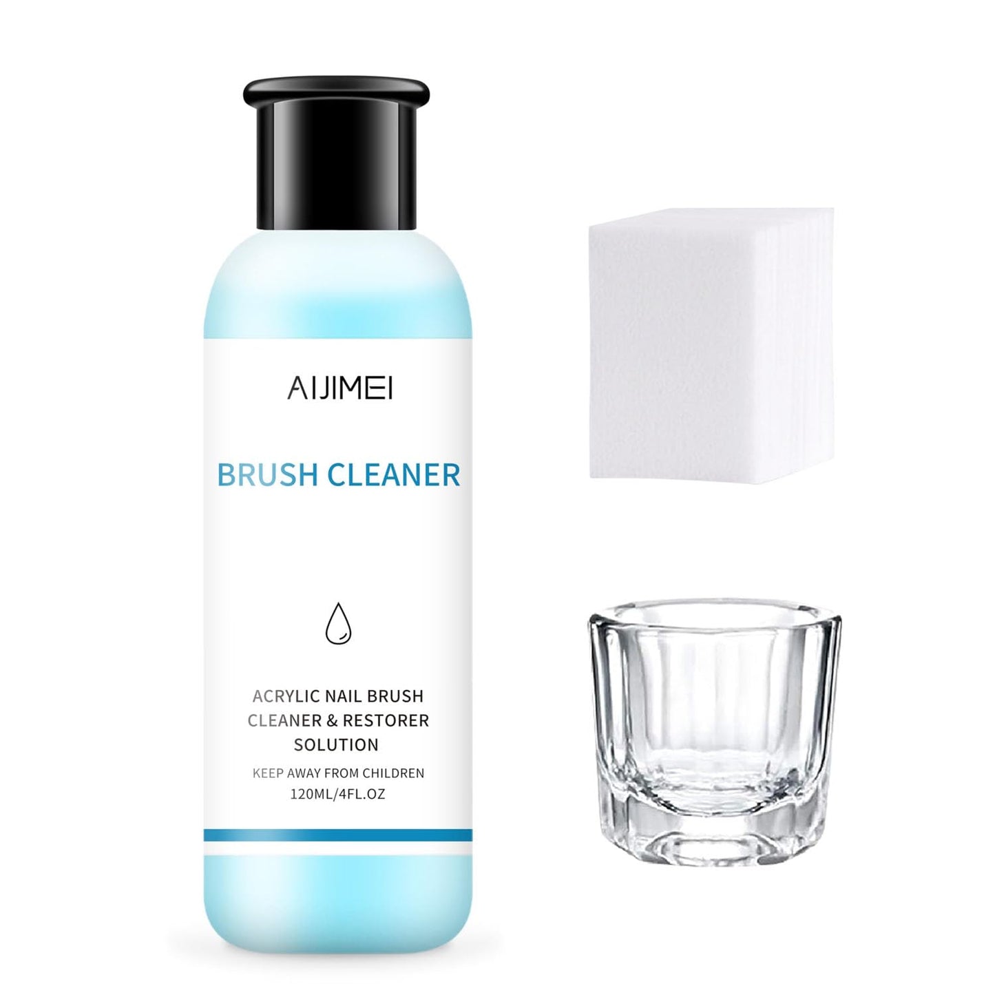 AIJIMEI Nail Brush Cleaner Preserver & Restorer Gel Nail Brush Cleaner Solution Clean Manicure Brushes Set B with Glass Cup & Cleaning Cotton Pads for