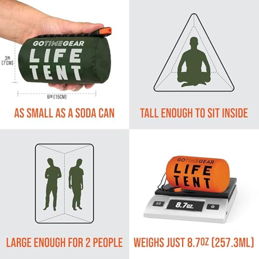 Go Time Gear Survival Life Tent โข 2 Person Mylar Emergency Shelter Tube Tent + Paracord โข All-Weather Protection for Camping, Hiking, & Survival Kits โข Includes Emergency Whistle