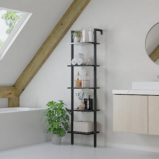 YMYNY Bookshelf Wall Mounted, Ladder Shelf, 5-Tier Bookcase Rack, Storage Unit with Metal Frame, Industrial Floating Wall Shelf for Living Room, Kitchen, Office, 40×30×178CM Black HBC015B