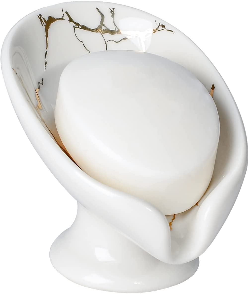 Umlaca Soap Dish Ceramic, Self Draining Soap Holder, Leaf Shape Soap Holder Drainage, Soap Tray, Soap Dish Marble, Suitable for Kitchen, Bathroom,