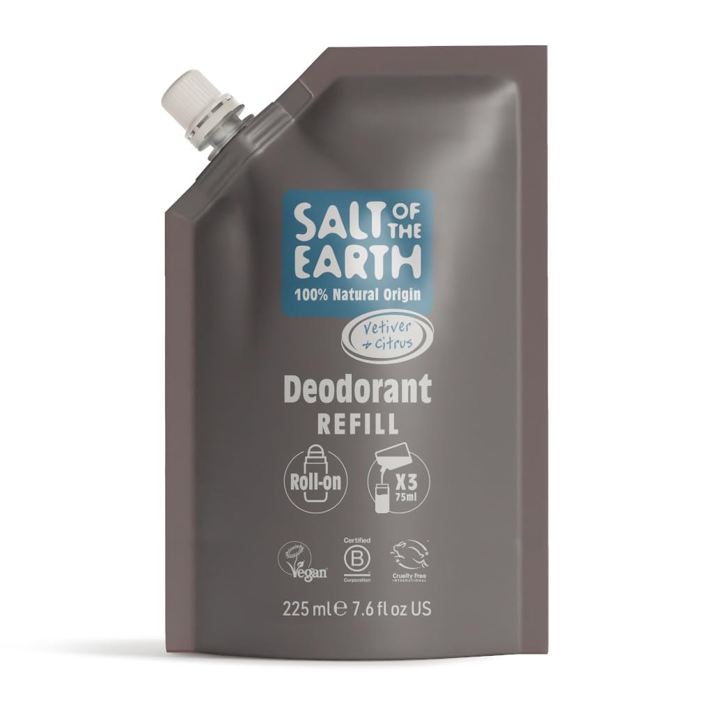 Salt of the Earth - Natural Deodorant Roll On Refill Pouch, x3 Uses - Vetiver & Citrus - Vegan, Long Lasting Protection, Leaping Bunny Approved, Made