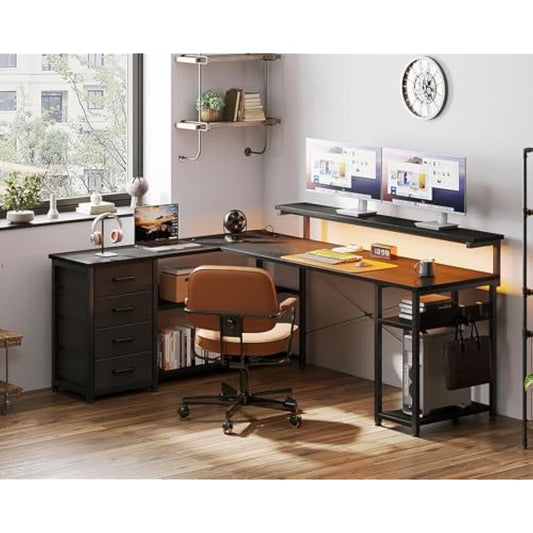 ODK Corner Desk with Drawers, L Shaped Gaming Desk with LED Lights & Power Outlets, Reversible Computer Desk for Home Office Workstation, Office Desks with Monitor Shelf, 135×110 cm, Black