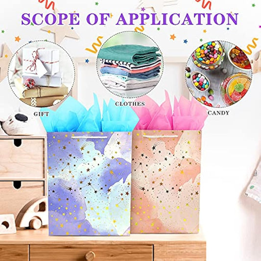 Gift Bag Large-2 Gift Bags with FREE 4 Tissue Paper-Birthday Gift Bag Set with Handle-Paper Gift Bags for Present-Pink and Blue Gift Bags for Women Men Kids Boy Girl Present Bag for Birthday Party Bag