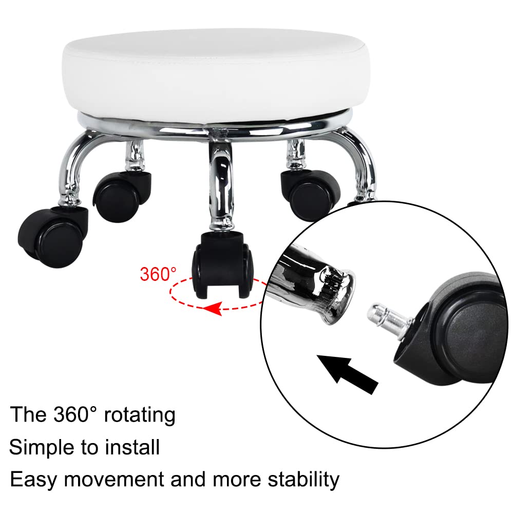 WKWKER Roller Seat PU Leather Low Round Rolling Stool Small Chair with Universal Swivel Caster Wheels for Home Office Garage Shop Fitness