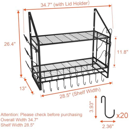 VyGrow 35 Inch Pot Rack Wall Mounted, 2 Tier Pots and Pans Organizer with 20 Hooks and 6 Pot Lid Holders, Heavy Duty Steel Pot and Pan Hanger for Kitchen Cookware Utensils Storage 34.7" Lx13 Wx26.4 H