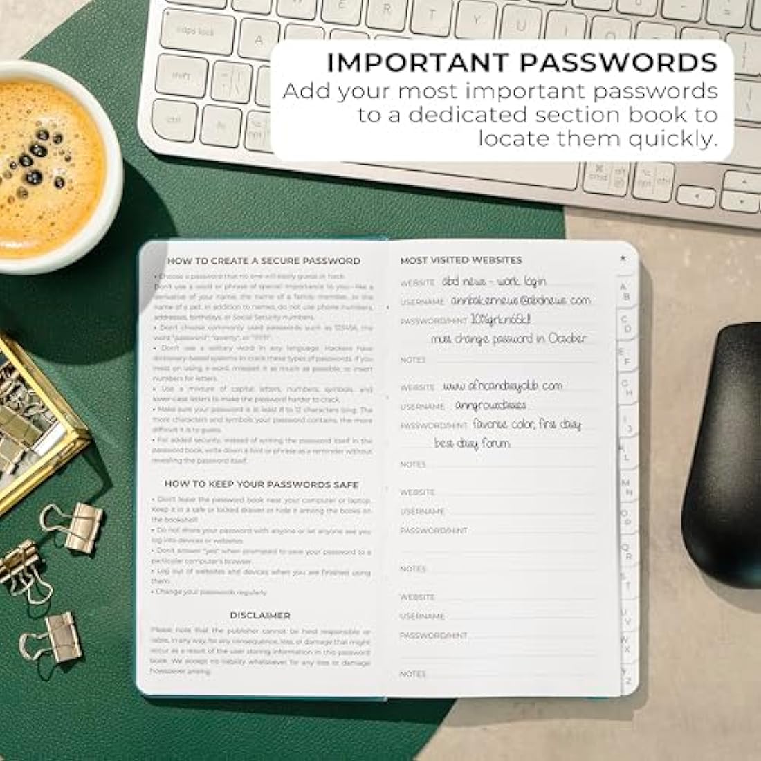 Clever Fox Password Book 2nd Edition – Hardcover Password Keeper with Laminated Alphabetical Tabs – Internet Address Notebook & Login Details Organizer Journal – 10.4x19.3cm (Dark Teal)
