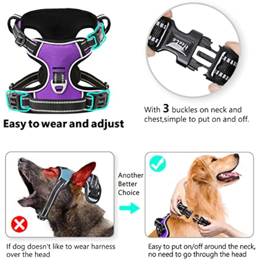 HEELE Dog Harness, No Pull Dog Harness Small, Release on Neck, Reflective Adjustable Dog Harness with Front Back 2 Leash Attachments and Soft Padded Control Handle for Dogs Walking Training, Purple, S
