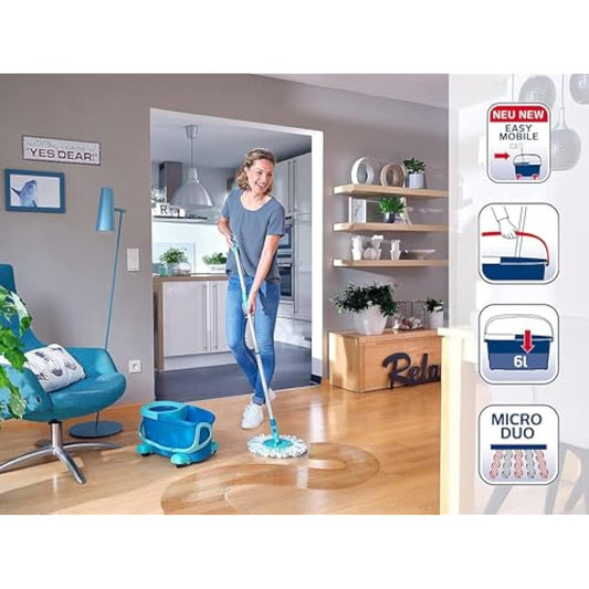 Leifheit Clean Twist Disc Mop Ergo Mobile Set, Moisture Controlled Spin, Wheeled Bucket, Faster Cleaning, Easy-Steer Micro Fibre 33cm Head with 360 Joint, Spin Mop System