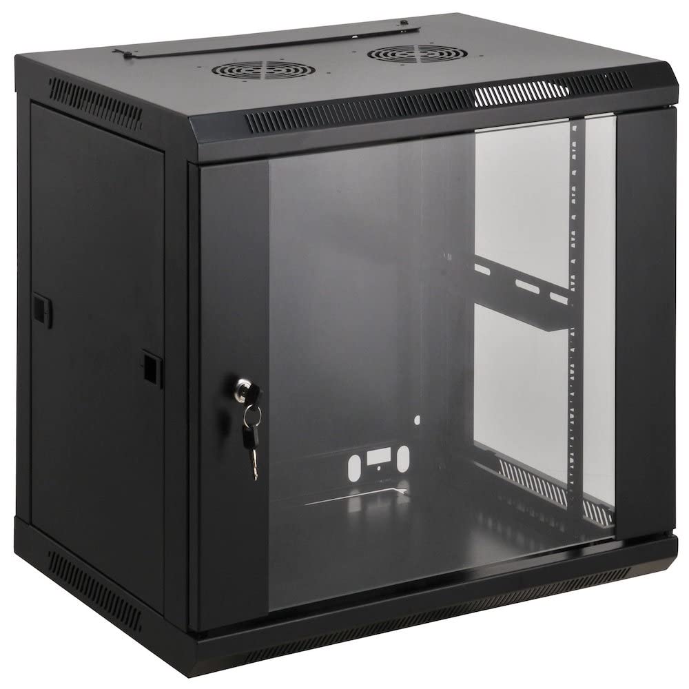 Intellinet Network Cabinet, Wall Mount (Standard), 9U, 450 mm Deep, Black, Assembled, Max 60 kg, Metal & Glass Door, Back Panel, Removeable Sides